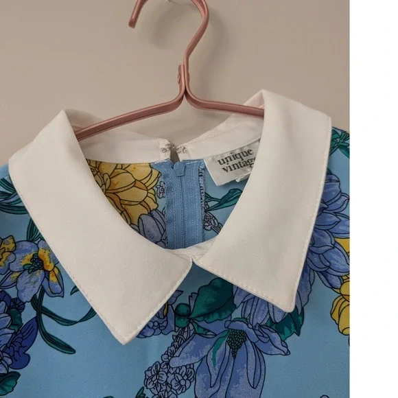 Unique Vintage Light Blue Floral Peter Pan Collar Mod Babydoll Dress 60s Small - Picture 3 of 14